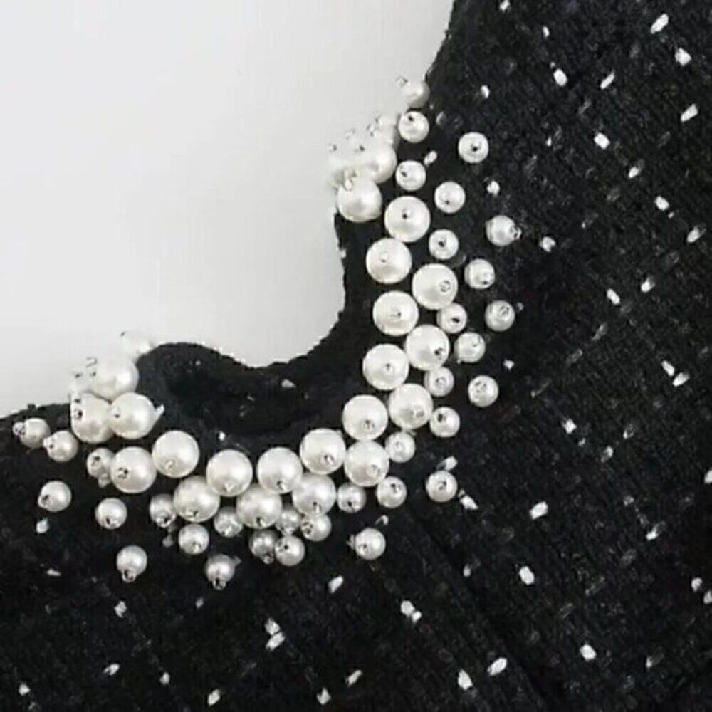 Black Texture Tweed Weave Cutout Mini Dress With Faux Pearls L - Picture 13 of 16